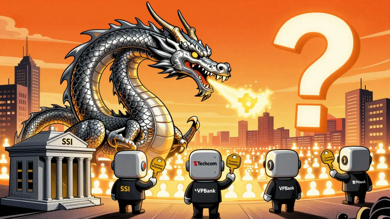 Binance dragon versus five small bank robots, symbolizing crypto dominance vs. slow licensing in Vietnam.