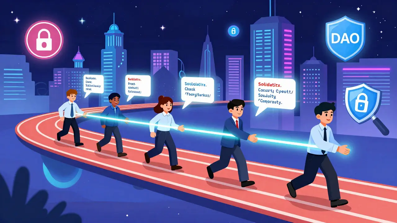 Developers passing a glowing line of code in a floating relay race, with security tools and neon blockchain towers in the background.