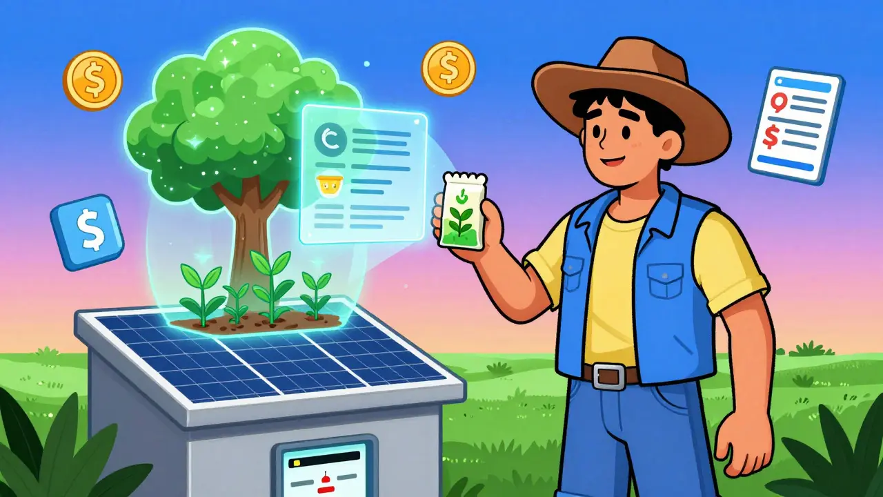 Farmer using a solar-powered DeFi kiosk to access tokenized loans with holographic crop projections.