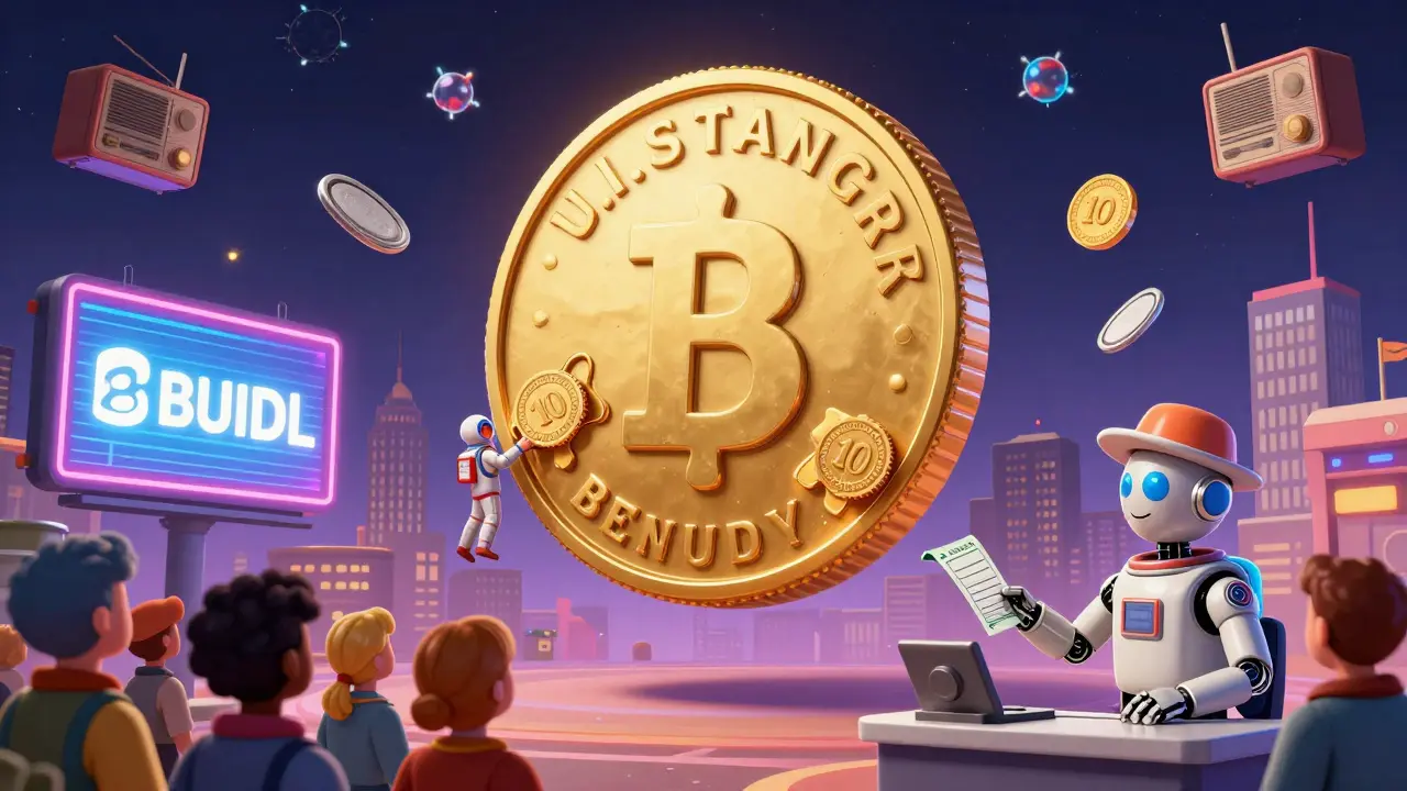 Giant gold Treasury token with tiny investors holding  shares, floating commodities and retro-futuristic billboard.