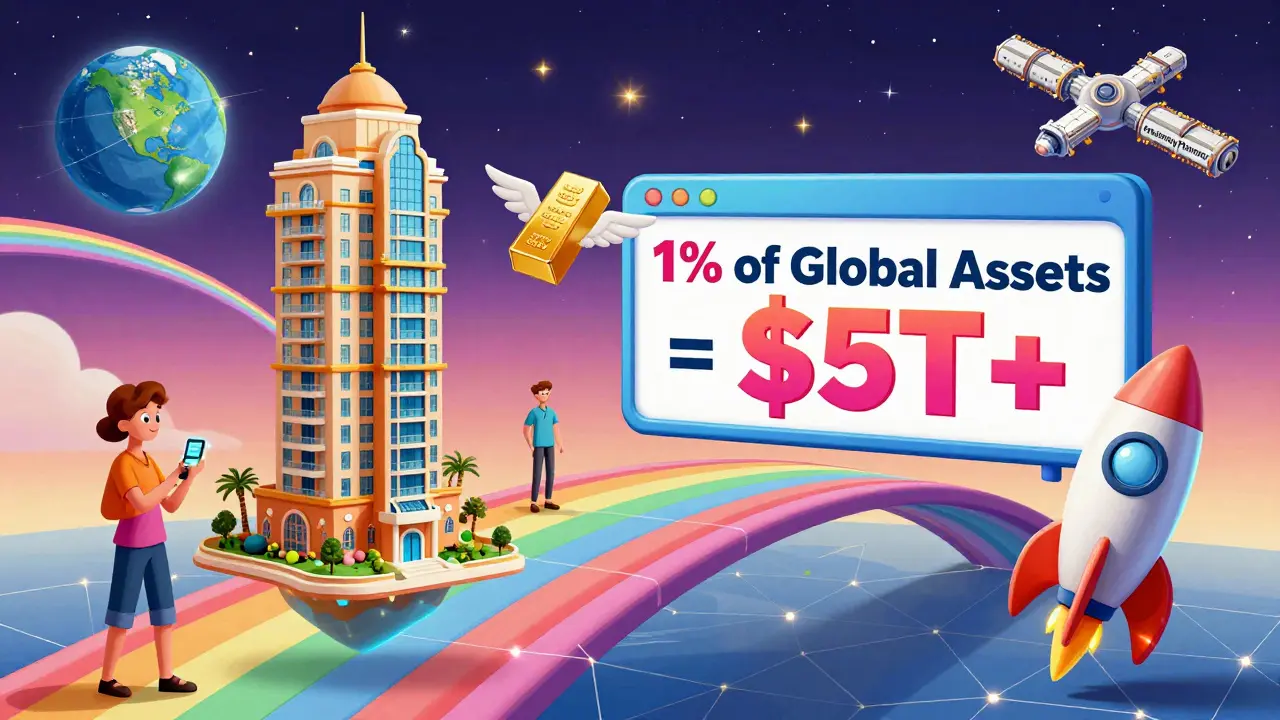 Investors buying fractional real estate and gold via glowing devices in a whimsical 2030 marketplace with floating assets.