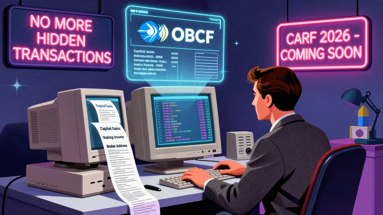 Man in 80s office watching crypto transactions on a CRT monitor with holographic tax rules