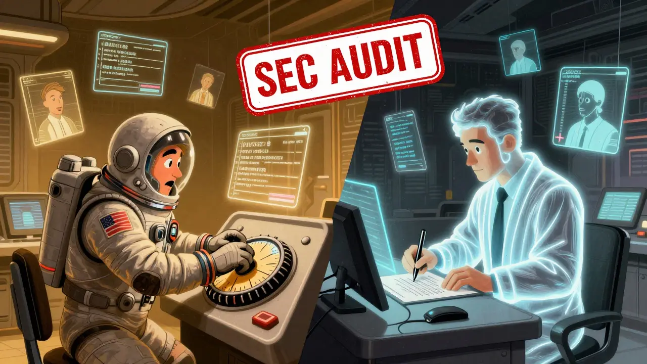 Miner twisting a nonce dial next to a validator signing a header, surrounded by holographic blockchain data.