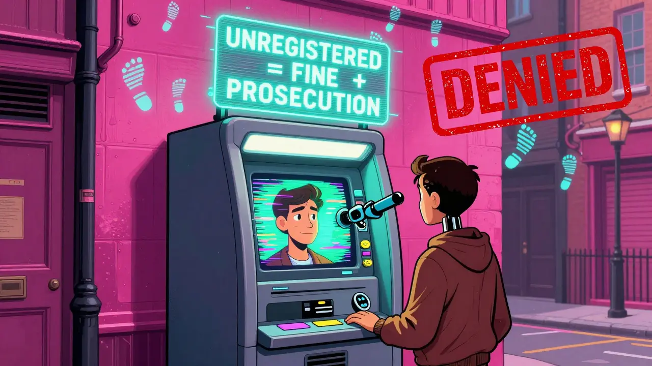 Neon-lit crypto ATM in London with holographic warning about unregistered operations.