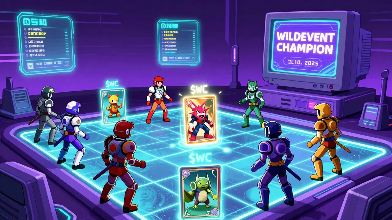 Players battling with NFT cards in a neon-lit arena, $WC tokens glowing above holographic leaderboards.