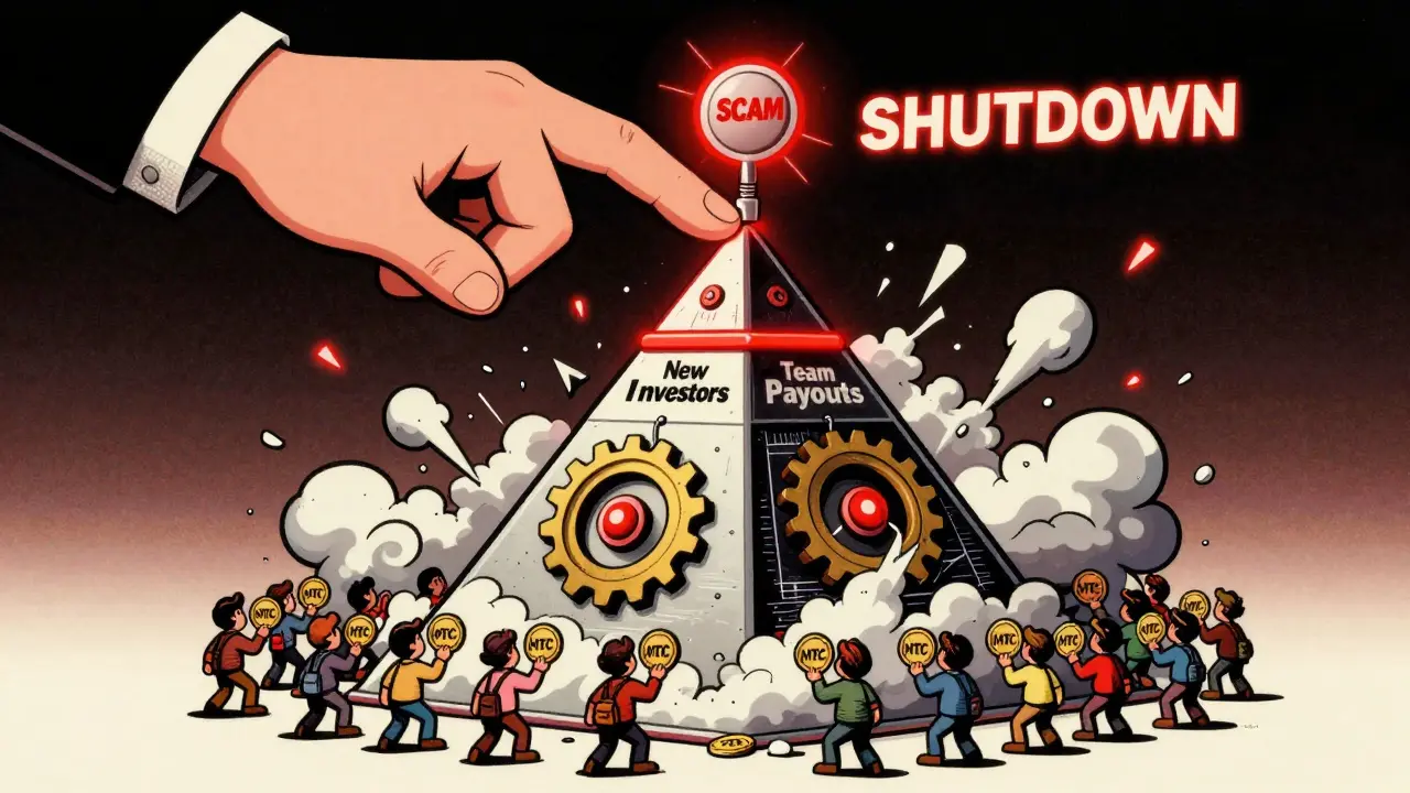 Pyramid machine crushing investors as a 'SCAM' hand flips the shutdown switch, turning tokens to ash.