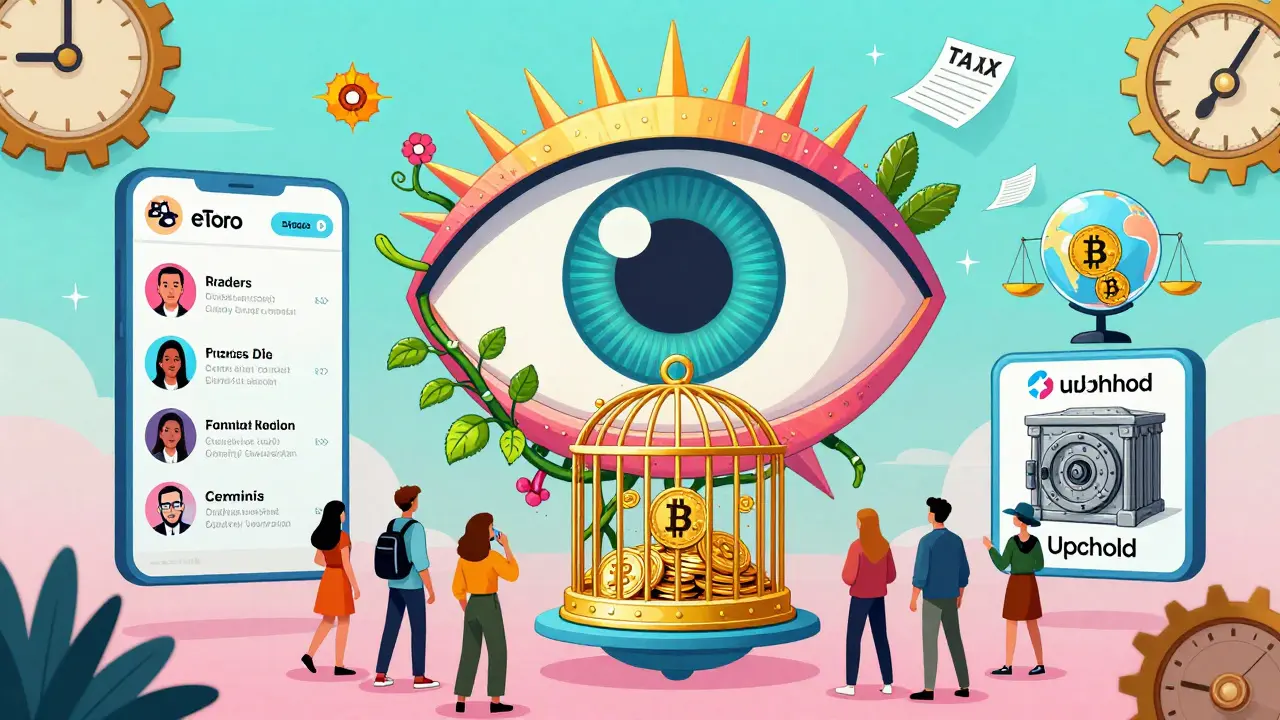 Social trading platform shaped like an eye with traders' portfolios as vines, contrasted with locked Robinhood cage and multi-asset orb.