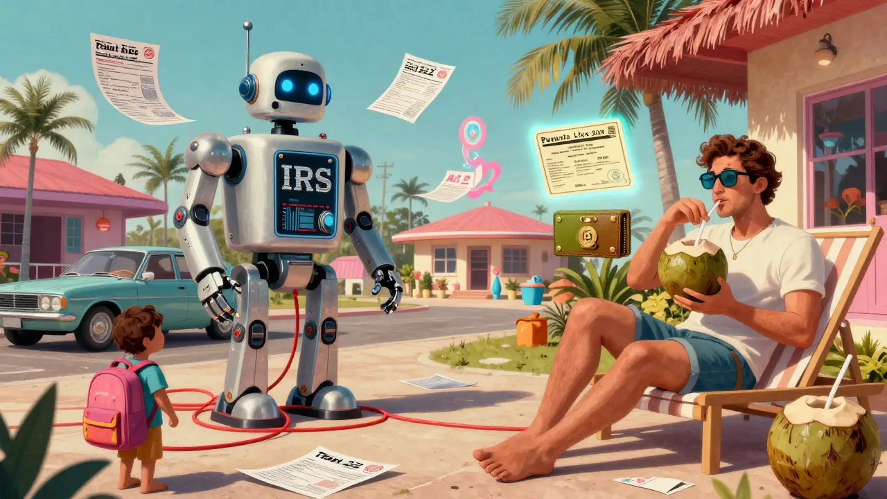 Split scene: a U.S. homeowner trapped by tax forms vs. the same person in Puerto Rico enjoying crypto freedom.