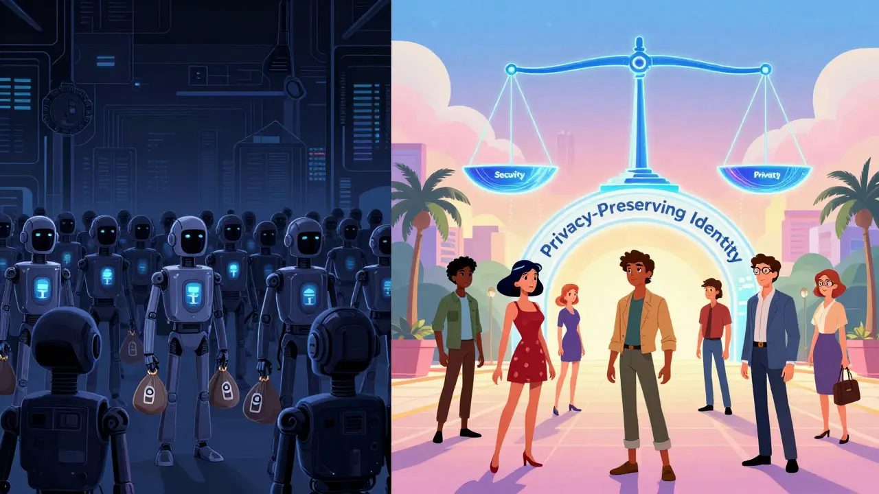 Split scene: chaotic bot underworld vs. peaceful verified humans under a privacy-security balance arch.