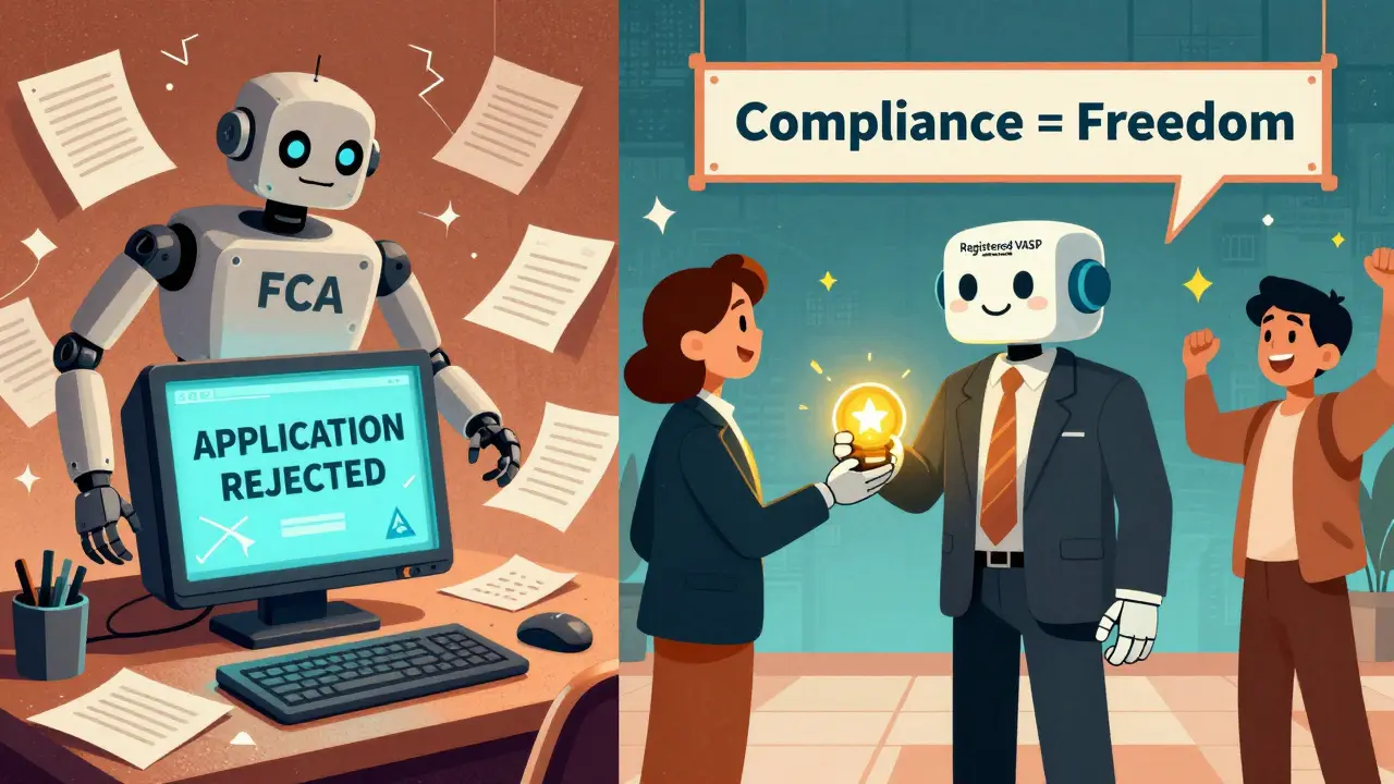 Split scene: failed applicant vs. successful partnership with a registered VASP robot in retro-futuristic style.