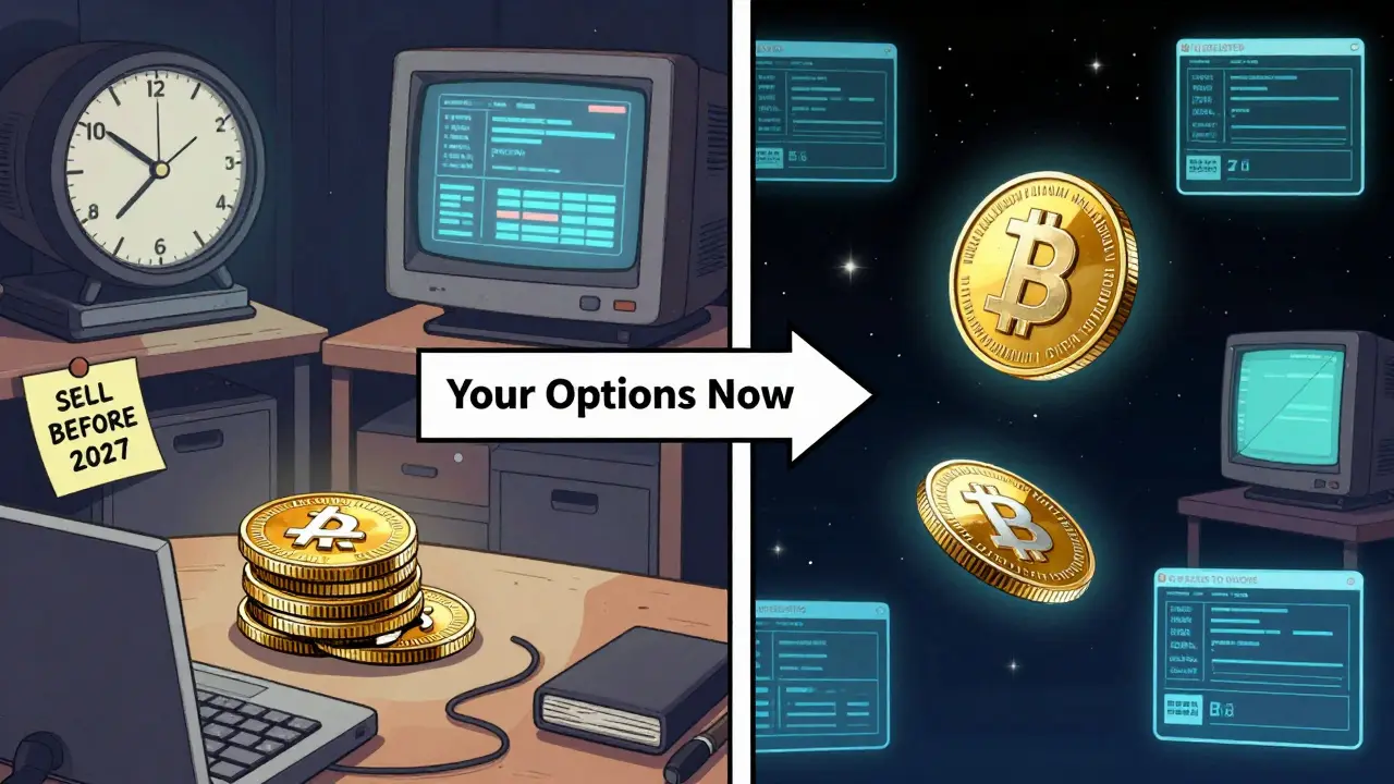 Split-screen illustration: left shows coins with a sell-by date, right shows the same coins isolated in space amid empty digital marketplaces.