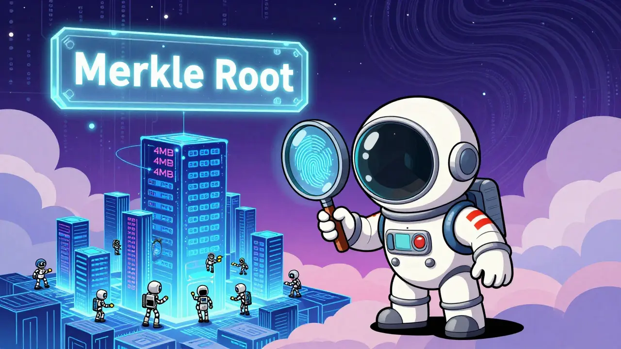 Tiny explorer examining a glowing Merkle root header while towering transaction blocks loom behind.