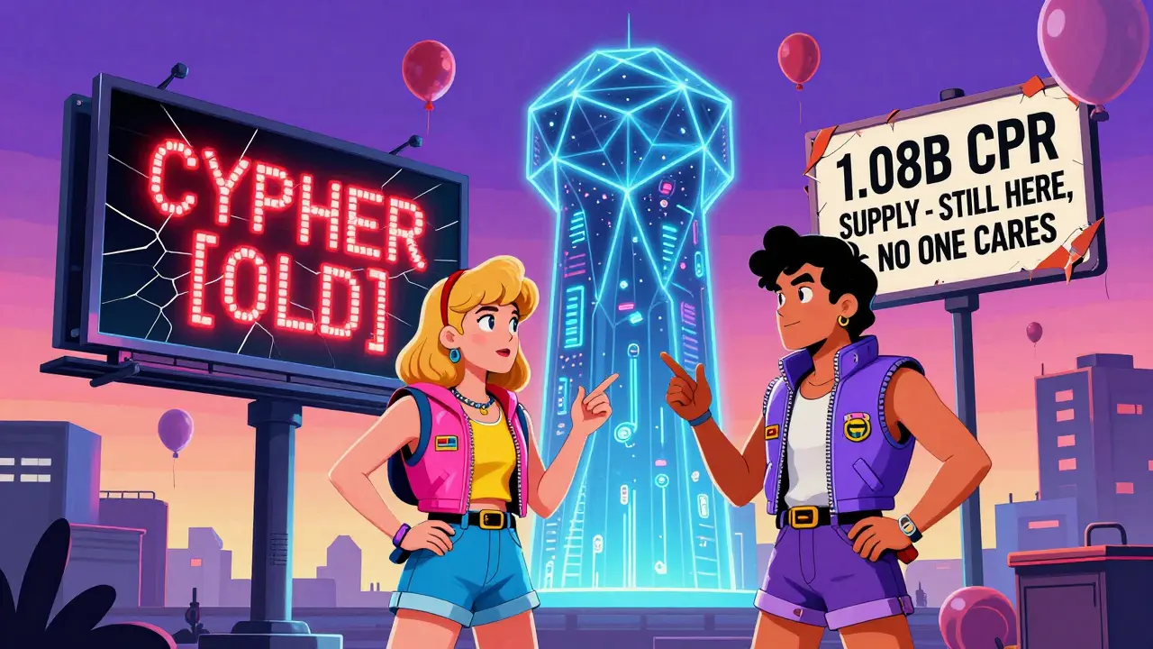 Two figures arguing over a flickering 'CIPHER [OLD]' billboard while a sleek Polygon blockchain tower glows nearby in a neon-lit crypto marketplace.