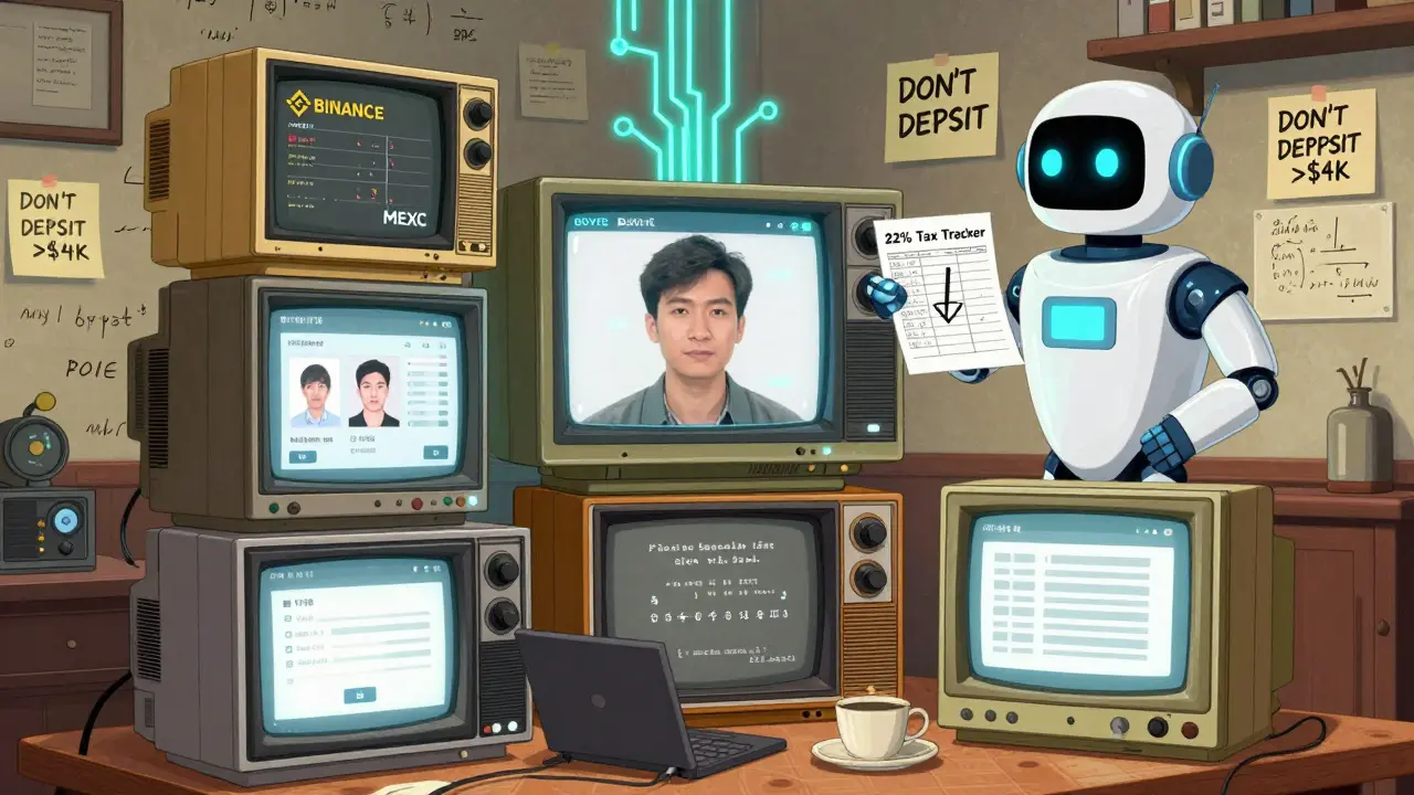 Vietnamese trader surrounded by old monitors tracking crypto trades and tax calculations, with a floating robot assistant.