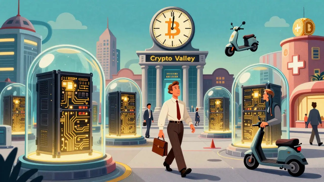 Zurich Crypto Valley scene with miners in vintage suits, glowing server domes, and analog Bitcoin clock.