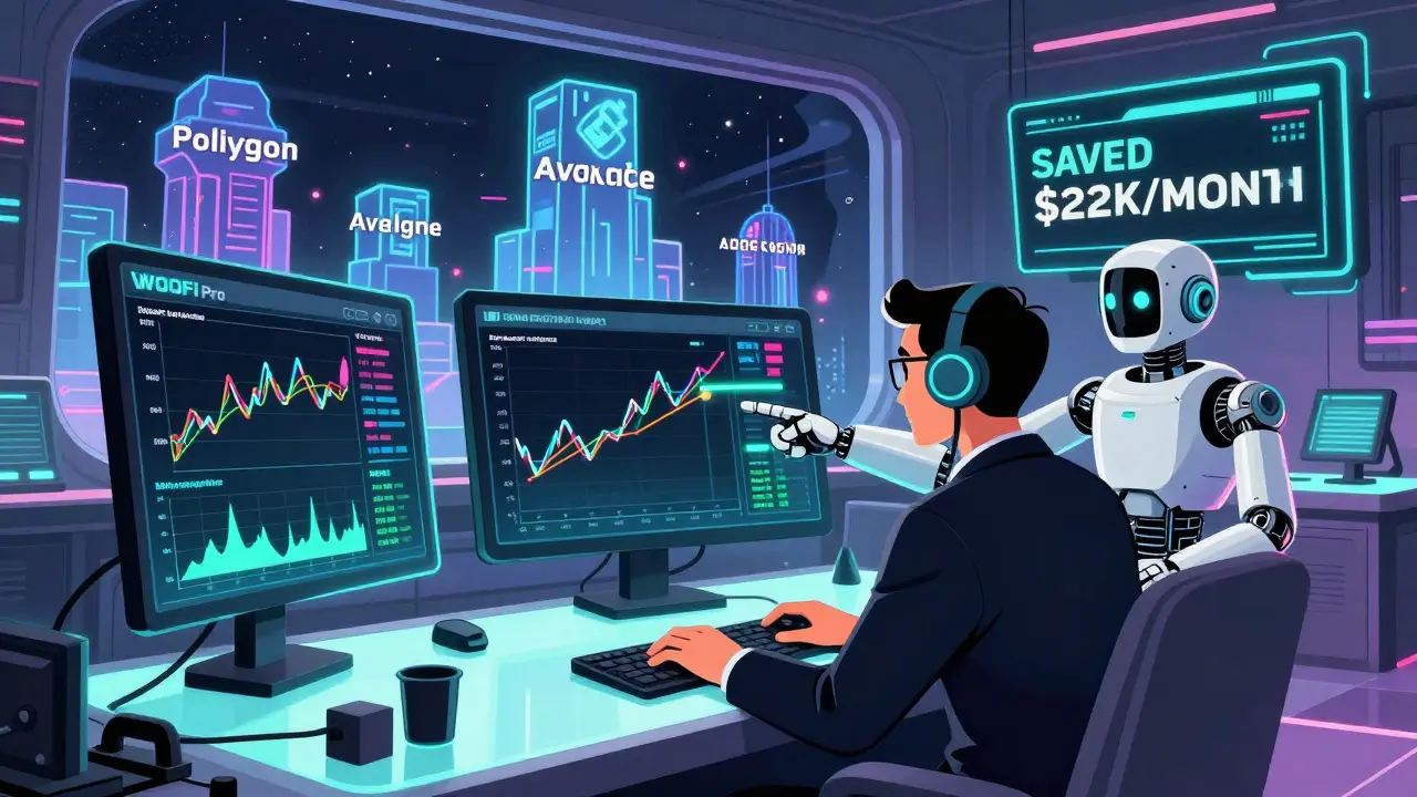 A 1980s-style command center where a trader monitors cross-chain swaps and derivatives on glowing dashboards, with savings stats displayed.