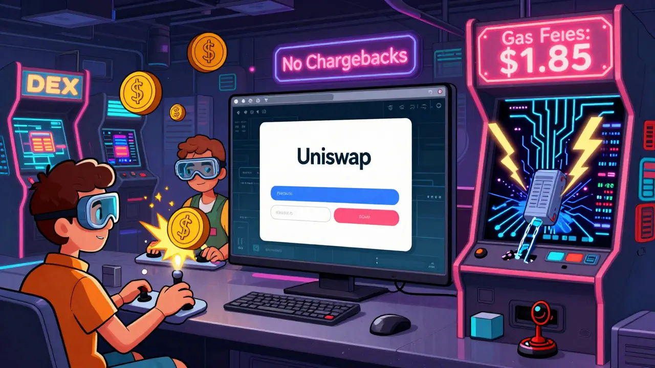 A chaotic cyberpunk DEX trading floor with phishing sites, price oracle glitches, and circuit breakers in action.