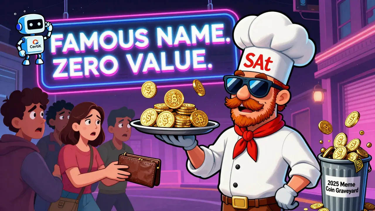 A con artist in a chef hat tricks people into giving up wallets for worthless tokens under a neon 'ZERO VALUE' sign.