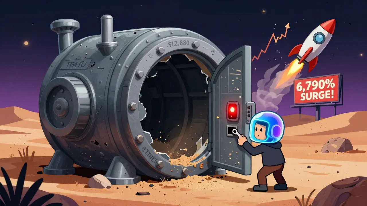 A crumbling vault labeled ',880 TVL' sits abandoned in a crypto desert, with a confused user trying to access it.