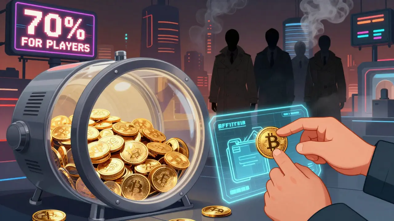 A digital vault overflows with tokens as a shadowy team disappears, retro-futurism cartoon.