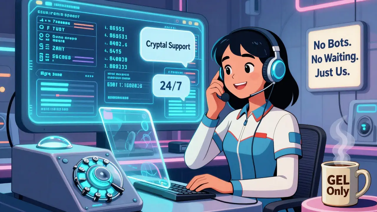 A futuristic call center with holographic support and analog phones, labeled 'Cryptal Support - No Bots, Just Us'.