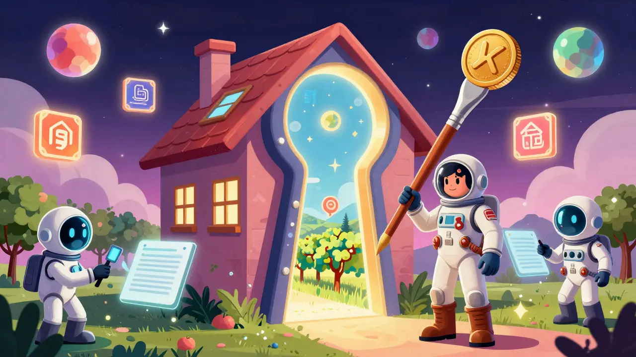 A futuristic keyhole unlocks access to tokenized real-world assets like real estate and art, guided by AI auditors.