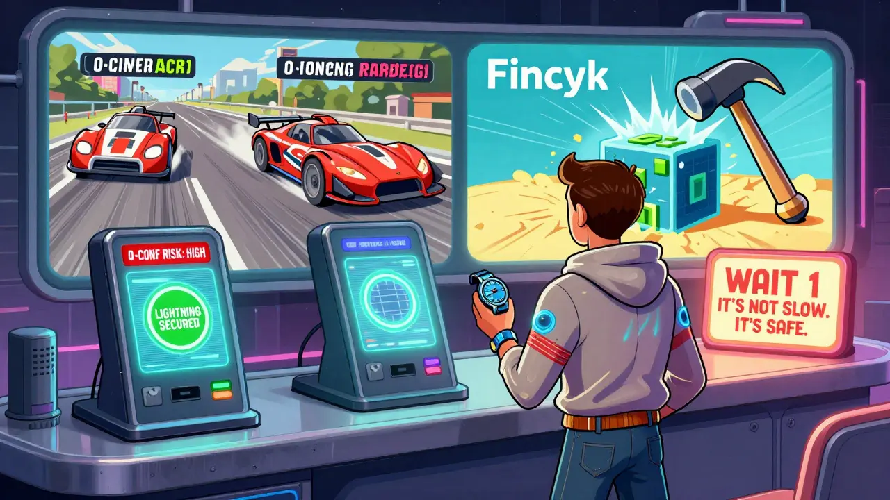 A futuristic merchant counter with holographic warnings showing both race and Finney attack mechanisms side by side.