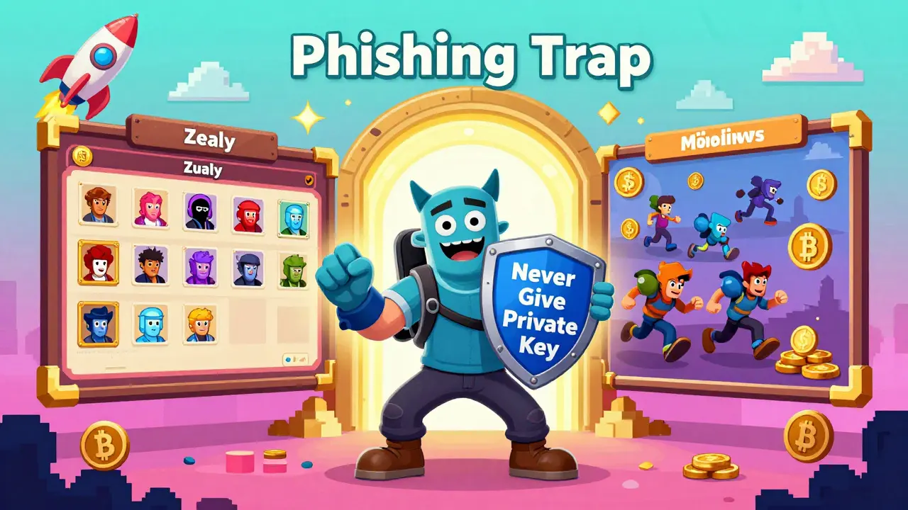 A gamer defeats a scam monster with a 'Never Give Private Key' shield, while portals reveal Zealy quests and Miner Wars gameplay.