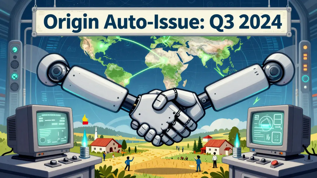 A global blockchain energy trade is completed with a digital handshake between robotic hands.