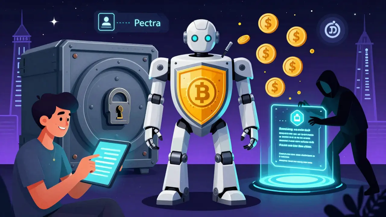 A guardian robot protects a user's wallet from malicious DEX threats, with Revoke.cash shields and slippage controls visible.