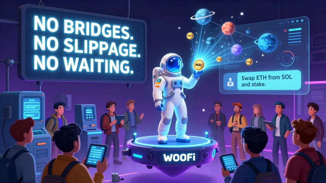 A lone trader connects a single WOO token to 11 blockchain planets, while others struggle with outdated bridge tools in a retro-futuristic scene.