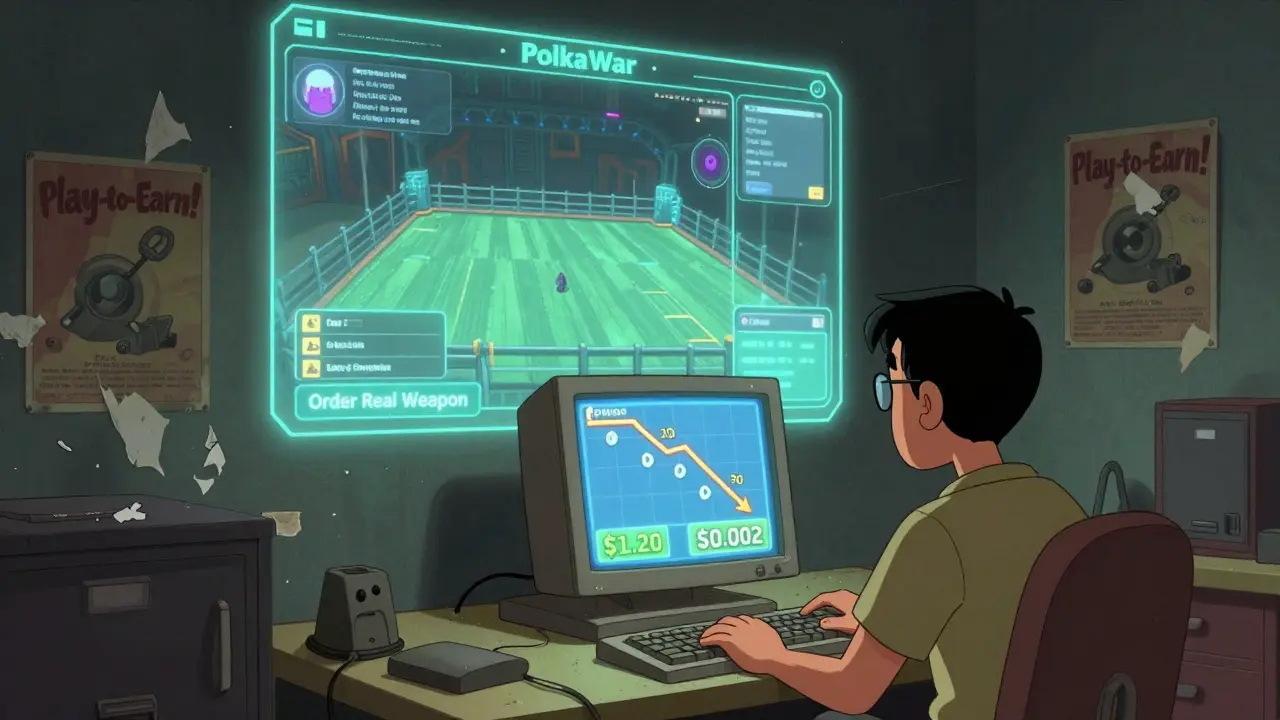 A person stares at a crashing token price on an old computer, while ghostly game elements fade around them.