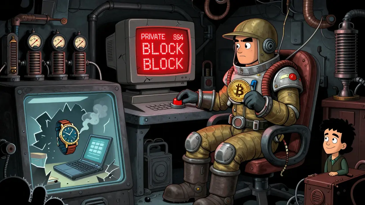 A retro-styled miner in an exosuit preparing to broadcast a private block to steal a payment from a merchant.