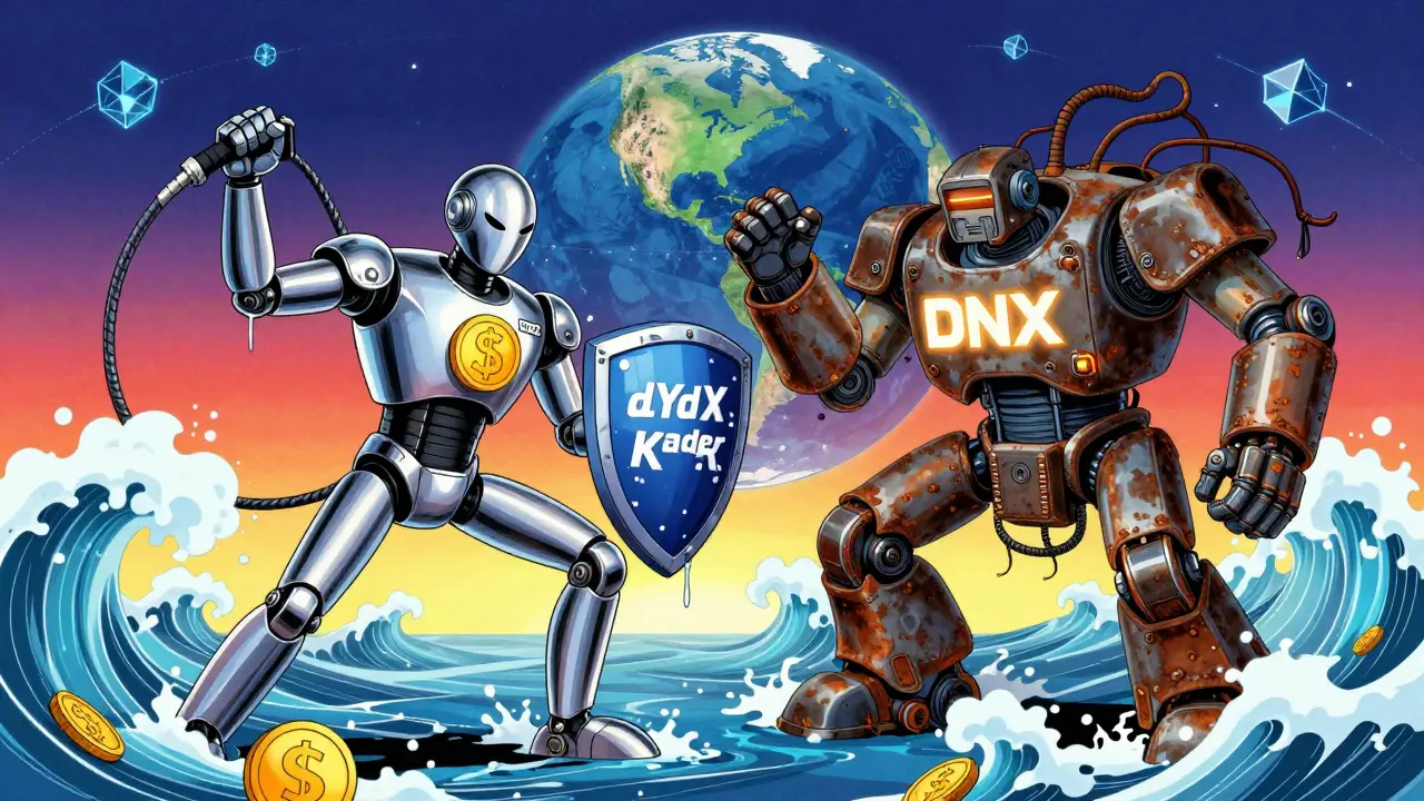 A robot duel between dYdX Trader and Dynex Machine, with trading volume as a tidal wave and blockchain satellites in the sky.