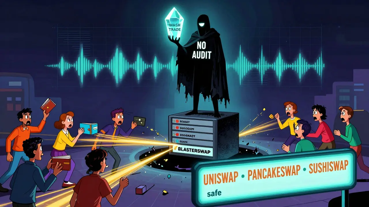 A shadowy figure feeds fake volume into a black hole labeled BlasterSwap while safe exchanges glow nearby.