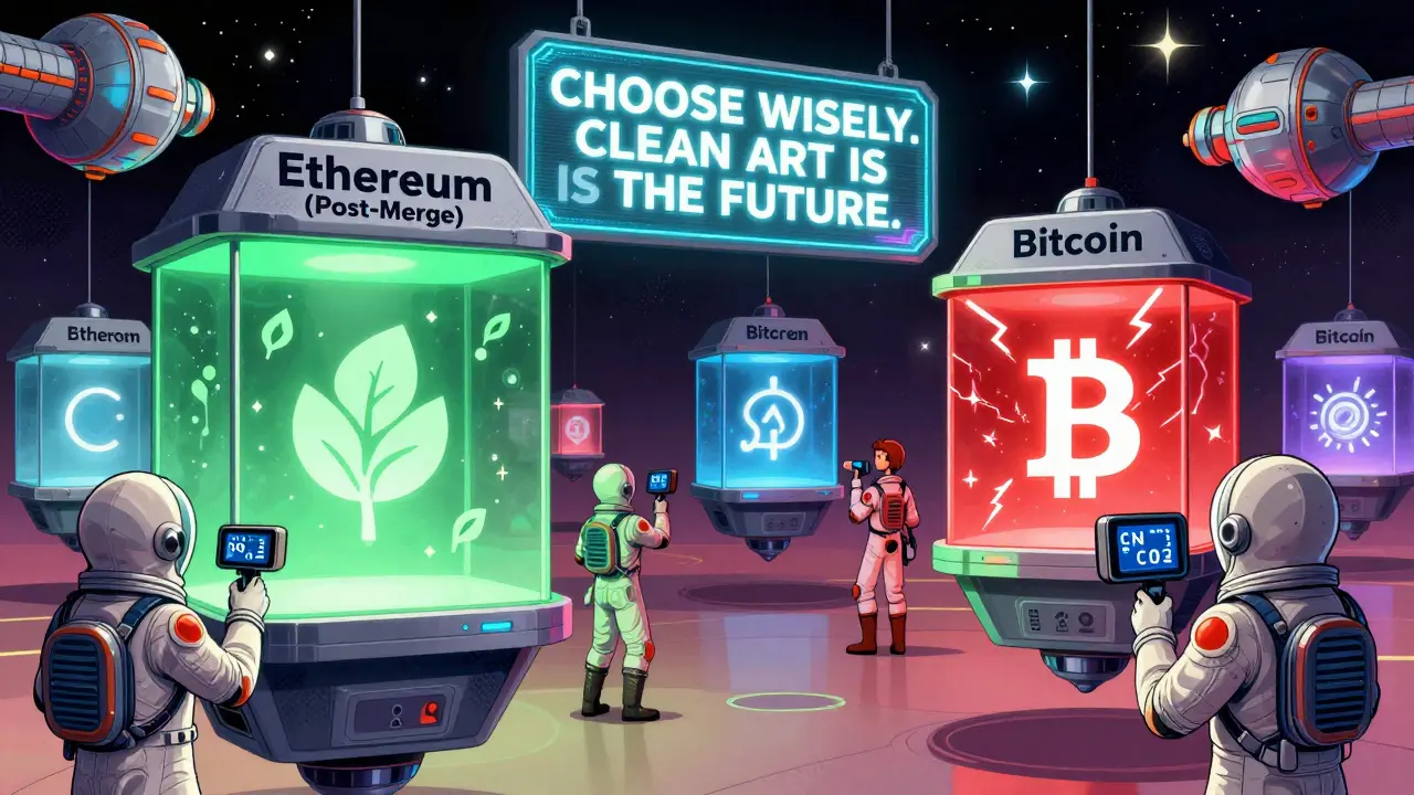 A space marketplace where NFT galleries display their carbon footprints, with clean blockchains glowing green.