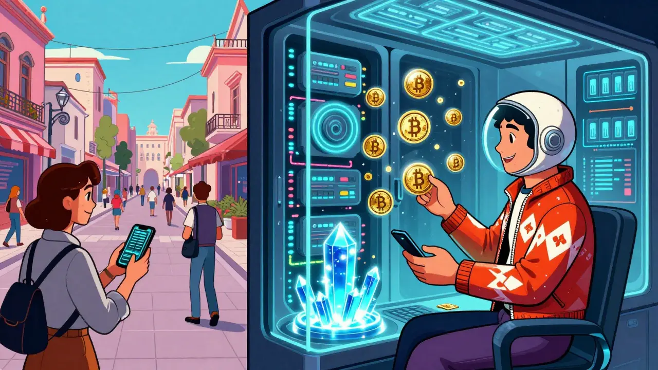 A split scene of Tbilisi street traders and a glowing server room with cold wallets, all in retro-futuristic cartoon style.