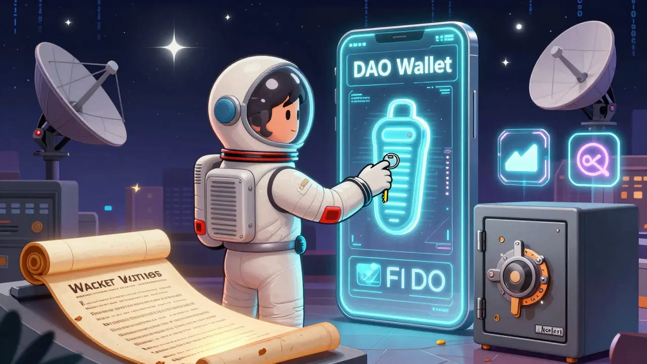 A user secures their crypto wallet with a hardware key while a passkey glows on a holographic phone.