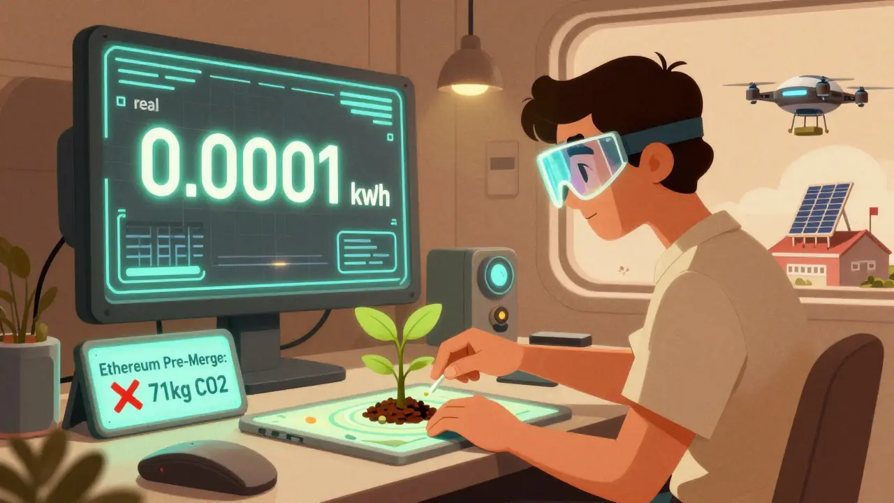 An artist minting an NFT on Tezos as a tree grows from their screen, with a warning label for old Ethereum emissions.