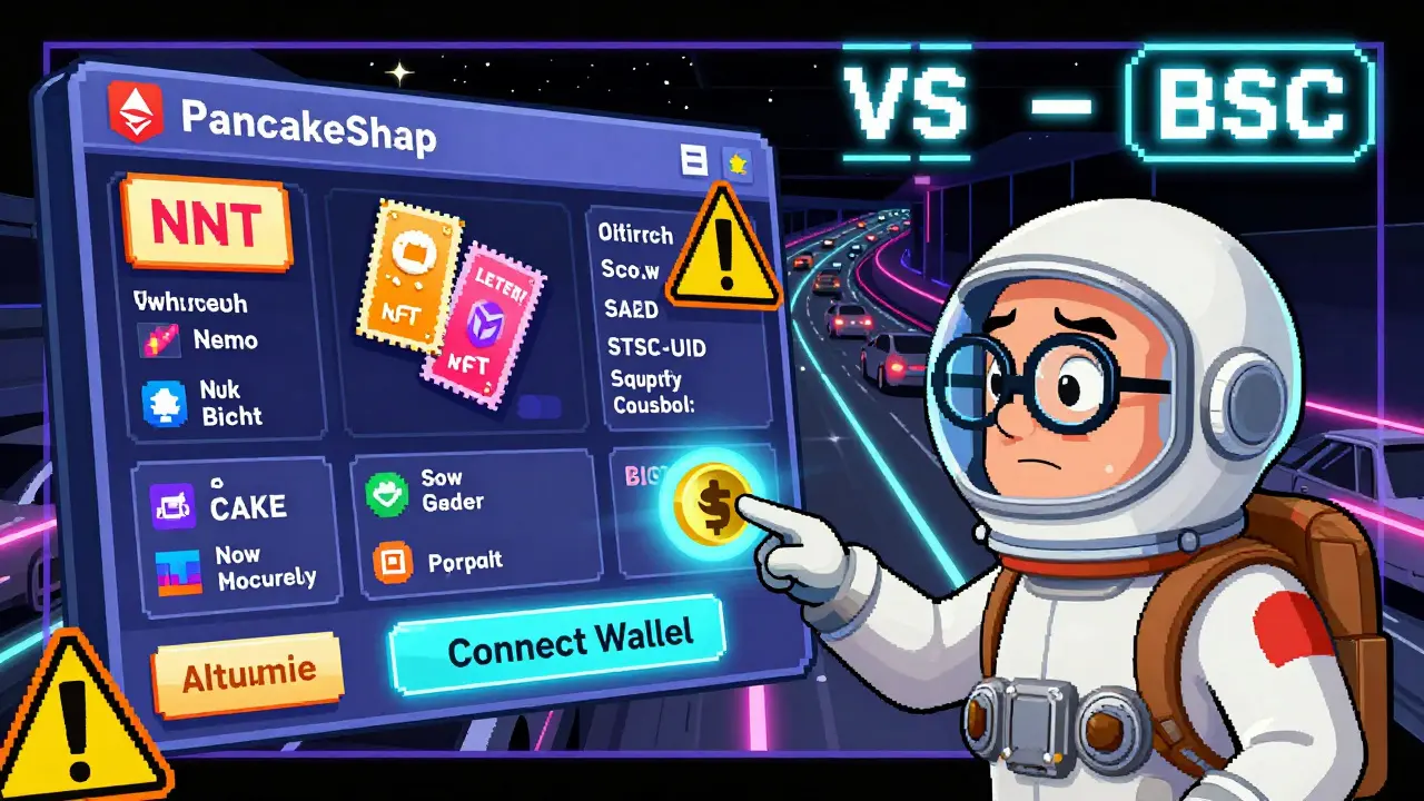 Confused user facing a chaotic PancakeSwap interface guided by a wise CAKE token in retro-futuristic style.