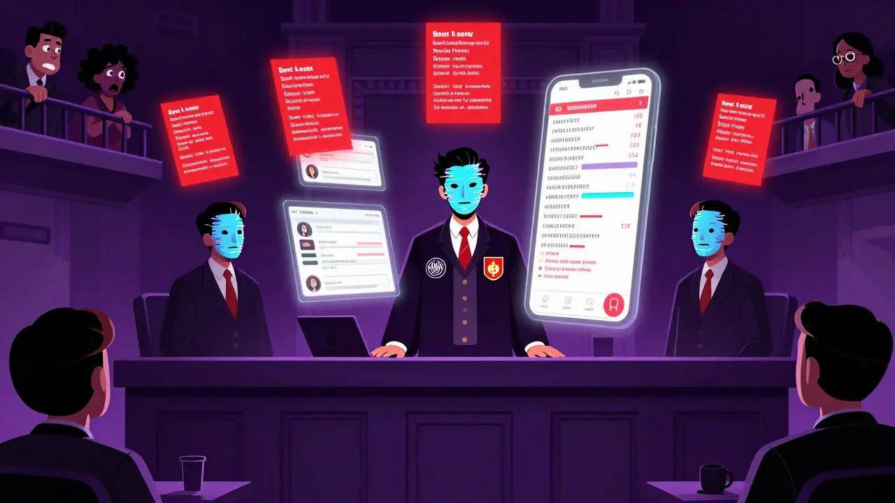 Courtroom sentencing of unlicensed crypto operators with floating transaction holograms in retro-futuristic style.