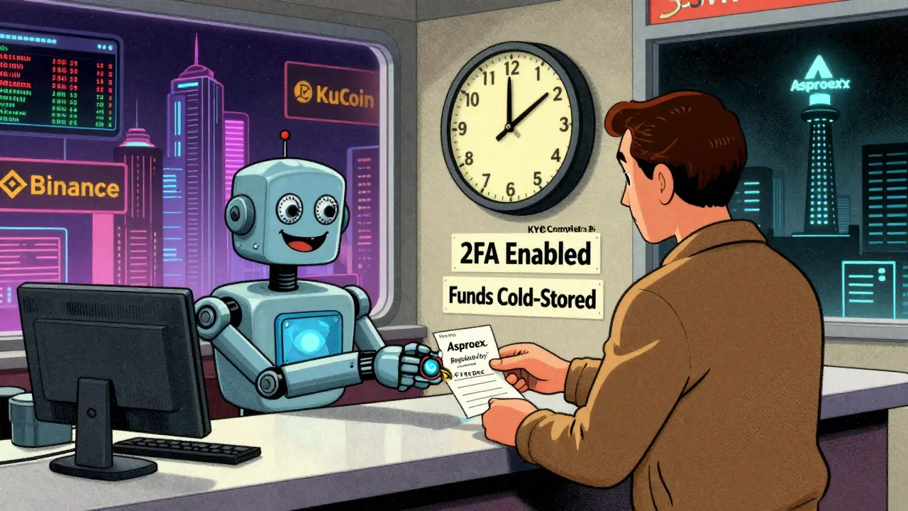 Customer receiving regulated crypto receipt from a robot teller, with analog clock showing security milestones and quiet secure tower in background.