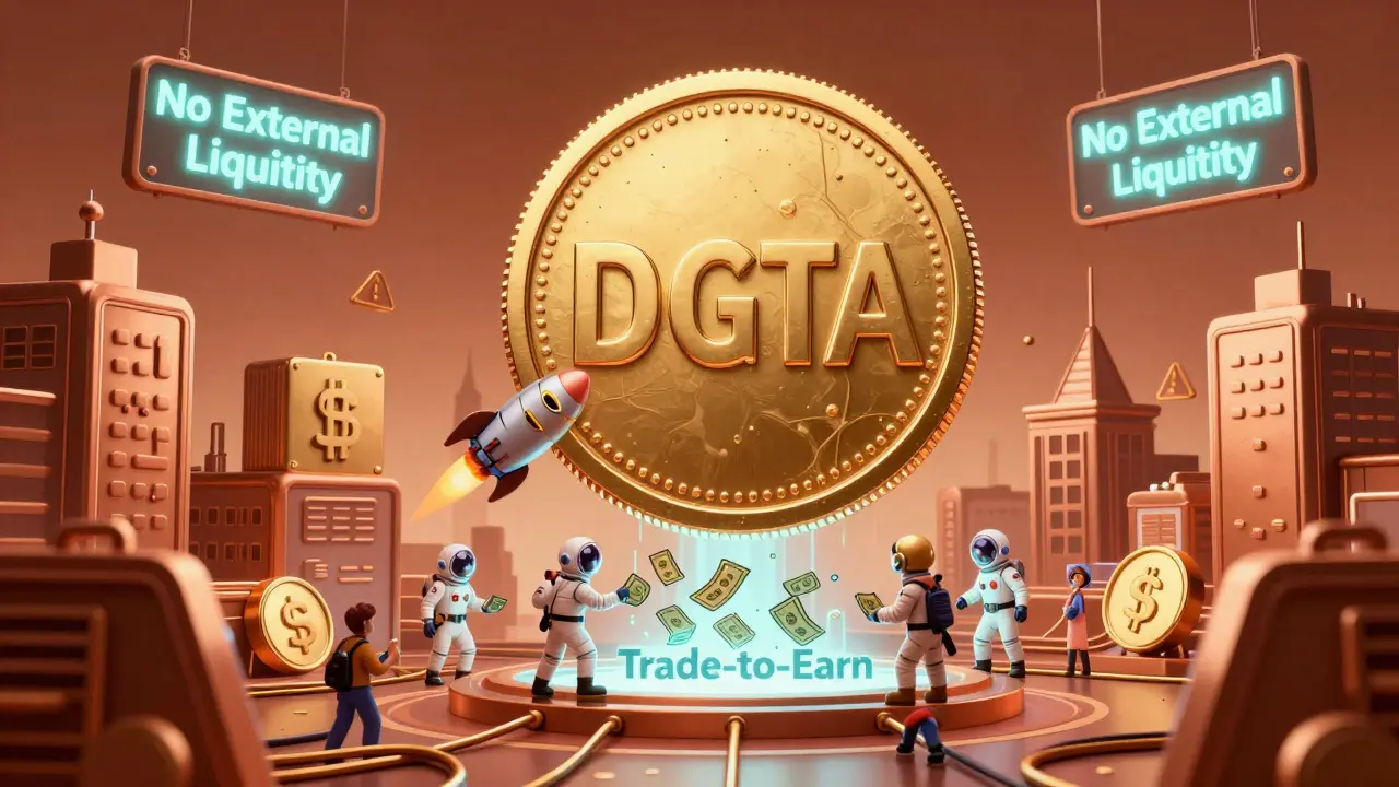 Giant DGTA token rocket hovering over a crypto city, traders depositing cash into a glowing portal.