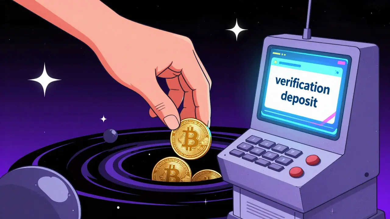 Hand sending crypto into black hole with scammer's shadow.