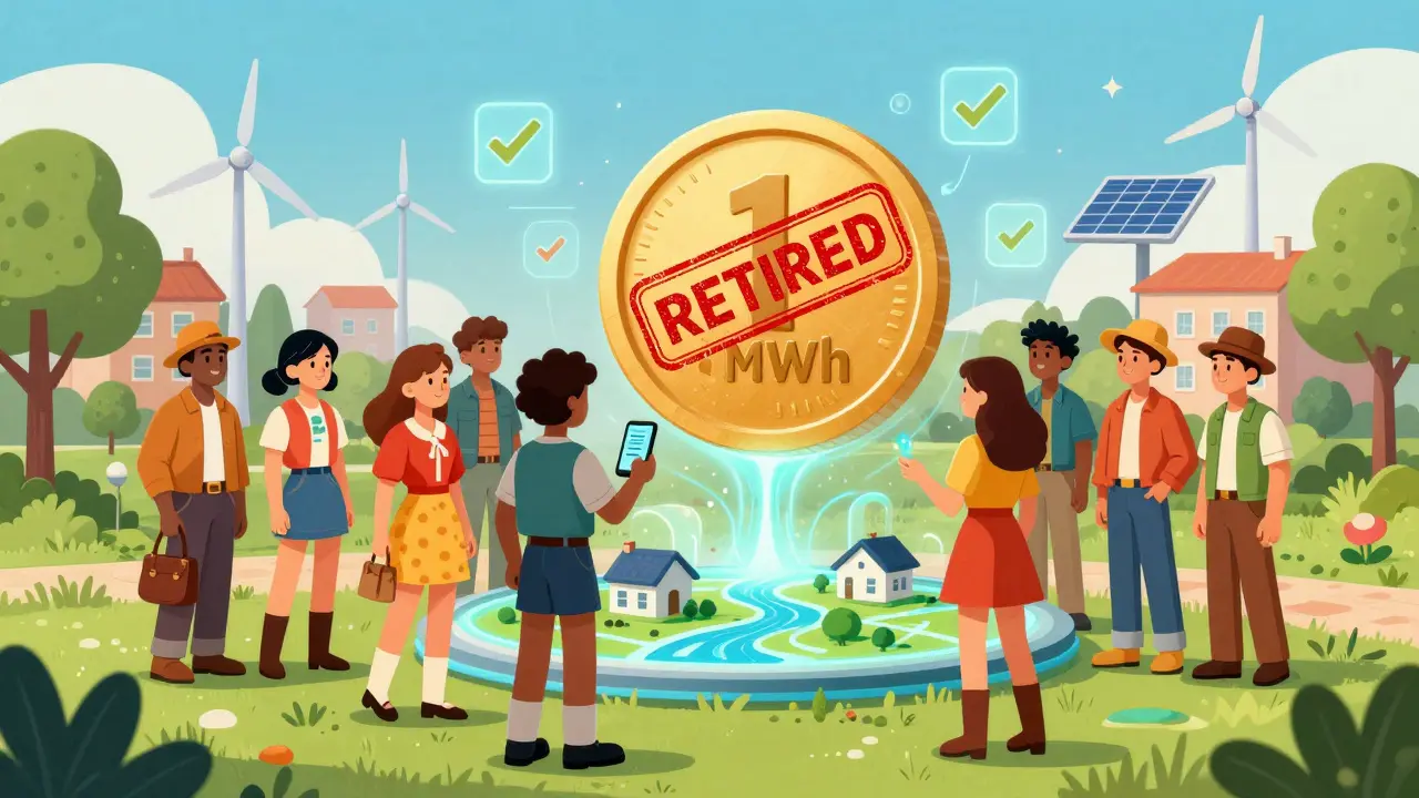 Homeowners interact with a holographic blockchain map showing green energy flowing between houses.