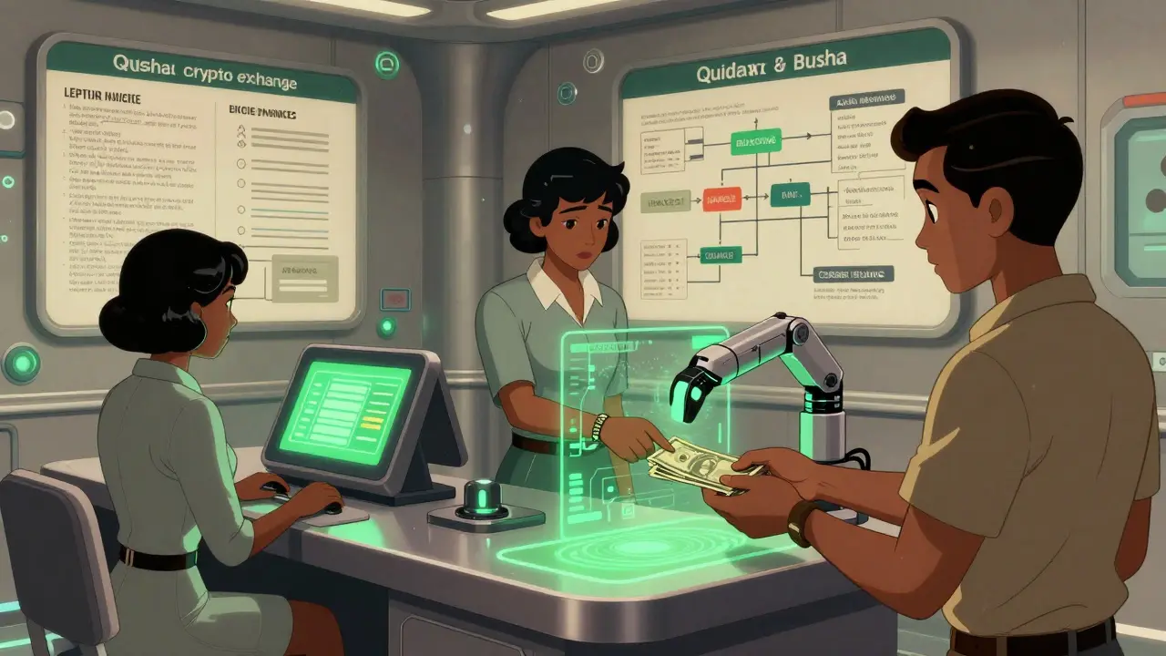 Inside a licensed crypto exchange with holographic ID scans and compliance visuals in retro-futuristic design.