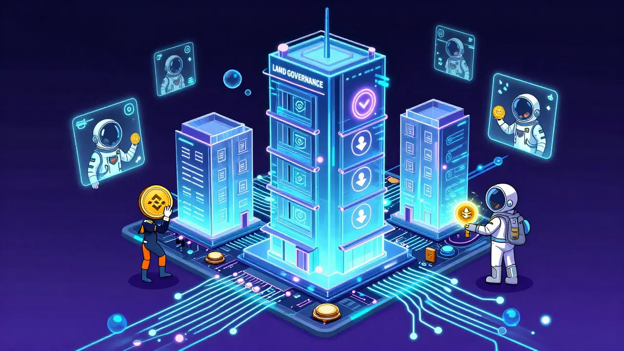 Neon-lit digital real estate complex on a blockchain circuit, with users voting via holograms to govern LAND token utilities.