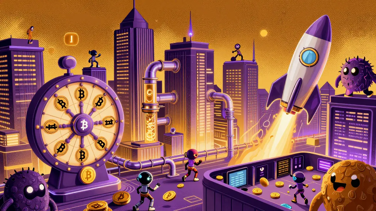 Retro-futuristic DeFi city with CAKE skyscrapers, lottery wheels, and traders using holographic interfaces on BSC.