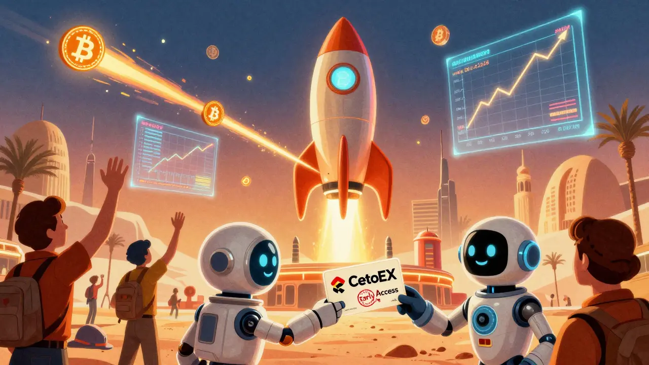 Retro-futuristic rocket launching PATOS tokens from Dubai desert, users in space suits watching holographic price charts rise