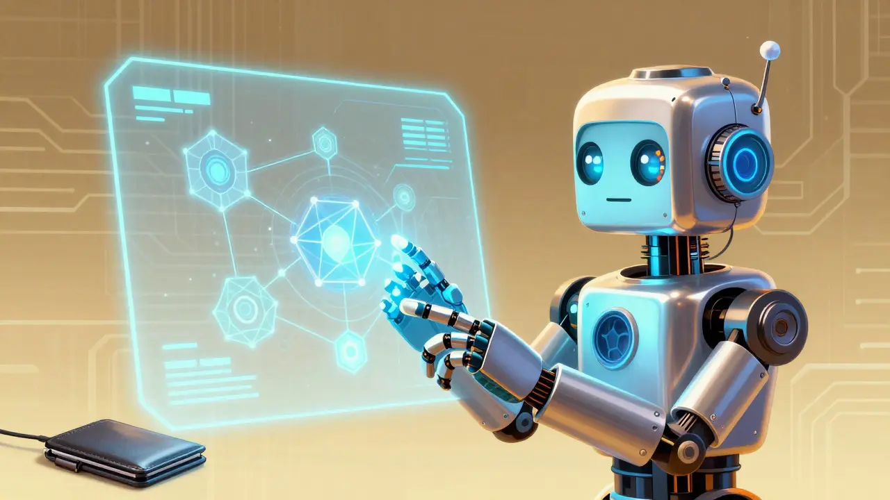 Retro robot interacting with holographic DeFi dashboard for asset management